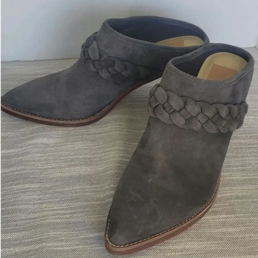 Gray Suede Dolce Vita Serla Pointed-toe Mule Braided Strap Detail Chunky Heel